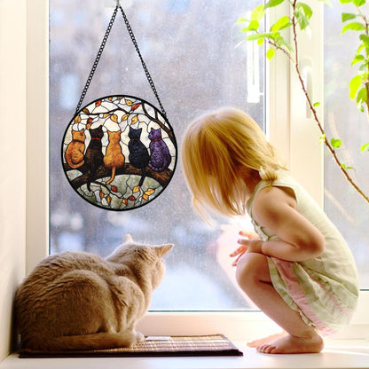 DASTOLL Stained Glass Window Hanging - 5 Cats on a Branch Suncatcher for Window Doors Home Decoration and Christmas, Mother's Day Father's Day Birthday Gifts for Women, Men, and Mom 6.3x6.3 in
