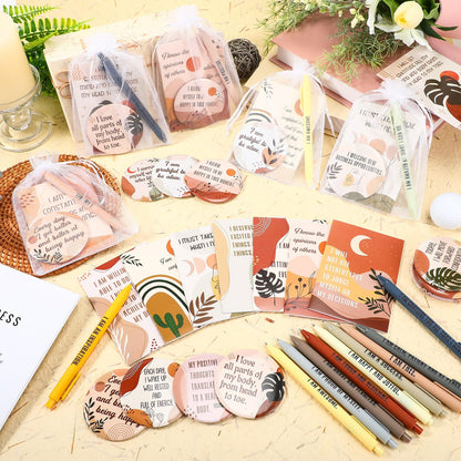 Mooliwe 72 Pcs/24 Set Positive Affirmation Gift Set for Women Gratitude Notebooks with Ballpoint Pens Mini Mirrors Small Bags Motivational Encouragement Notepad for Women Coworkers Adult Party Favor