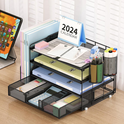 OPNICE Desk Organizer and Accessories, 4-Tier Desktop File Organizer with Drawer and 2 Pen Holders, Office Desk Accessories for Office Supplies(Black)
