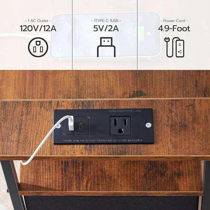 HOOBRO End Table with Charging Station, Nightstand with 2 Non-Woven Drawers