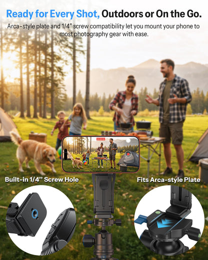 OMOTON TP02-Pro Magnetic Phone Holder for Vlogging, Content Creator Essentials with 1/4" Screw, Arca, Strong Back Magnet for Gym, Adjustable Phone Stand & Selfie Stick for iPhone 12-17 Series, Black