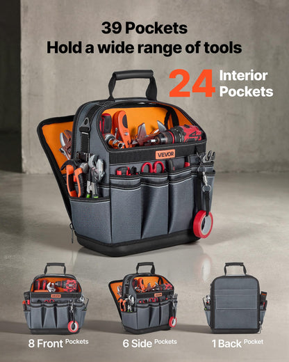 VEVOR Tool Bag, 13.2 Inch, 39-Pocket Open Top Tool Pouch, Portable Electrical Maintenance Toolbox Organizer Storage with Hard Plastic Base, Adjustable Shoulder Strap, for Professionals DIY & Jobsite