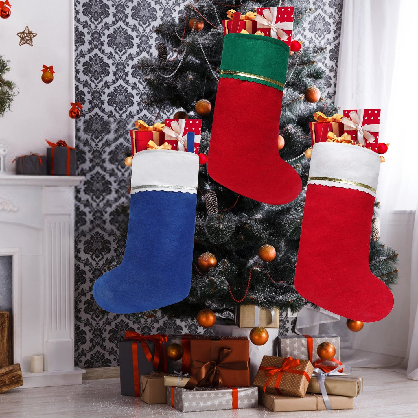 Tokforty 12 Pack Felt Christmas Stockings, 19 Inches Blue and White Christmas Stockings Hanging Ornaments, White Cuff with Silver Trim Christmas Stockings for Family Christmas Holiday Decorations