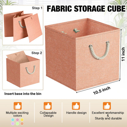 Geelin 6 Pcs Fabric Linen Thickened Storage Cube with Handle 11 Inch Heavy Duty Multi-color Collapsible Sturdy Durable Storage Bin Organizer Box Clothes Shelf Christmas Holiday Festival(Macaron)