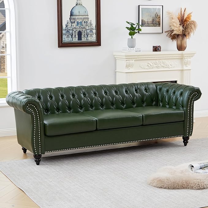 Mid-Century 3 Seater Sofa, Faux Leather Couch