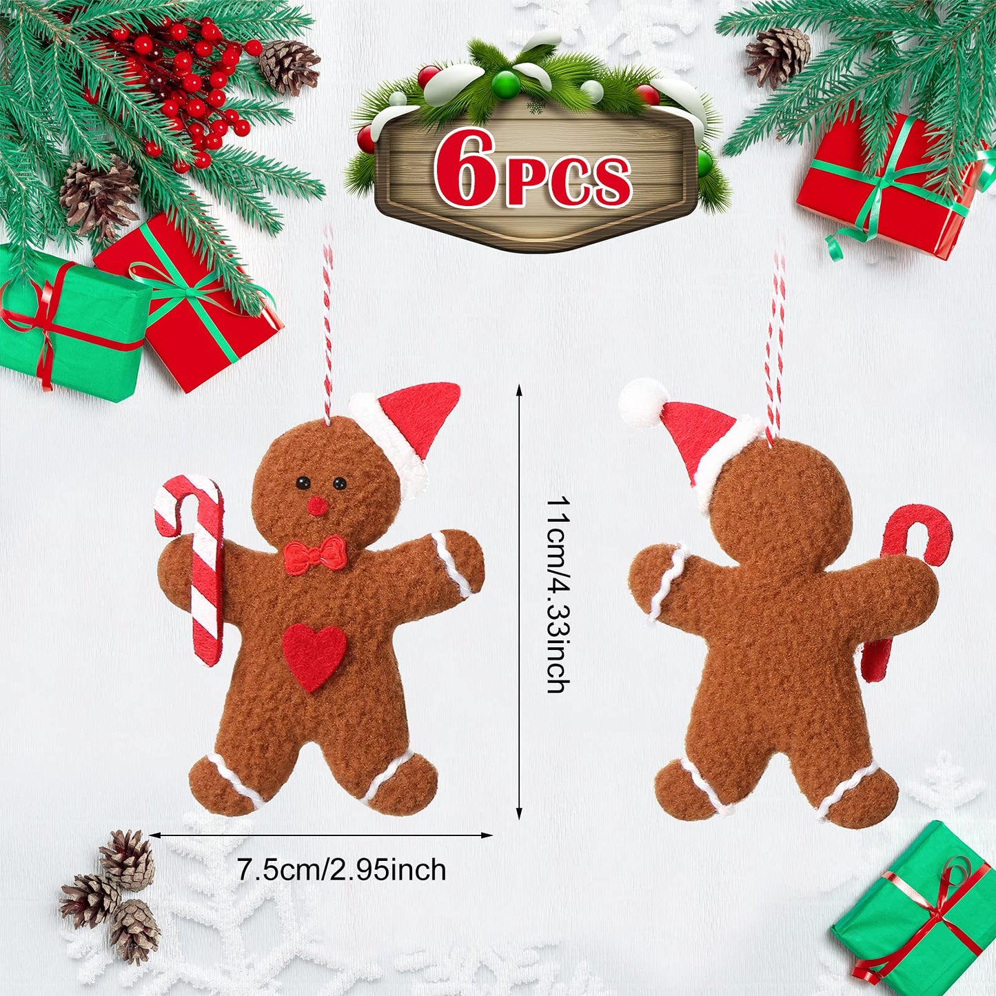 Sumind 6 Pieces Gingerbread Man Ornaments for Christmas Tree Decorations Gingerbread Figurines Ornaments for Christmas Tree Hanging Decorations, 4.3Inch
