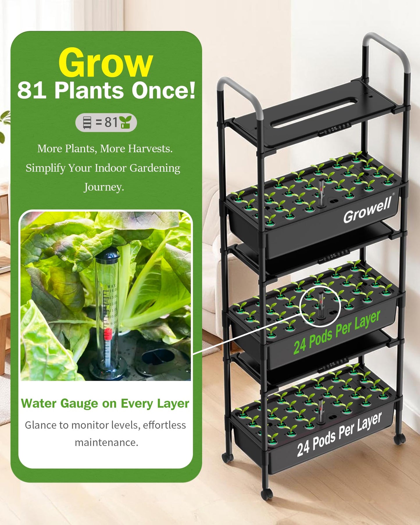 Growell Large Hydroponics Growing System Kit, Vertical Indoor Herb Garden Kit with LED Grow Light & Independent Water Pump, 42L Movable Indoor Planter Perfect Gardening Gifts (3 Tier-81 Pods, Black)