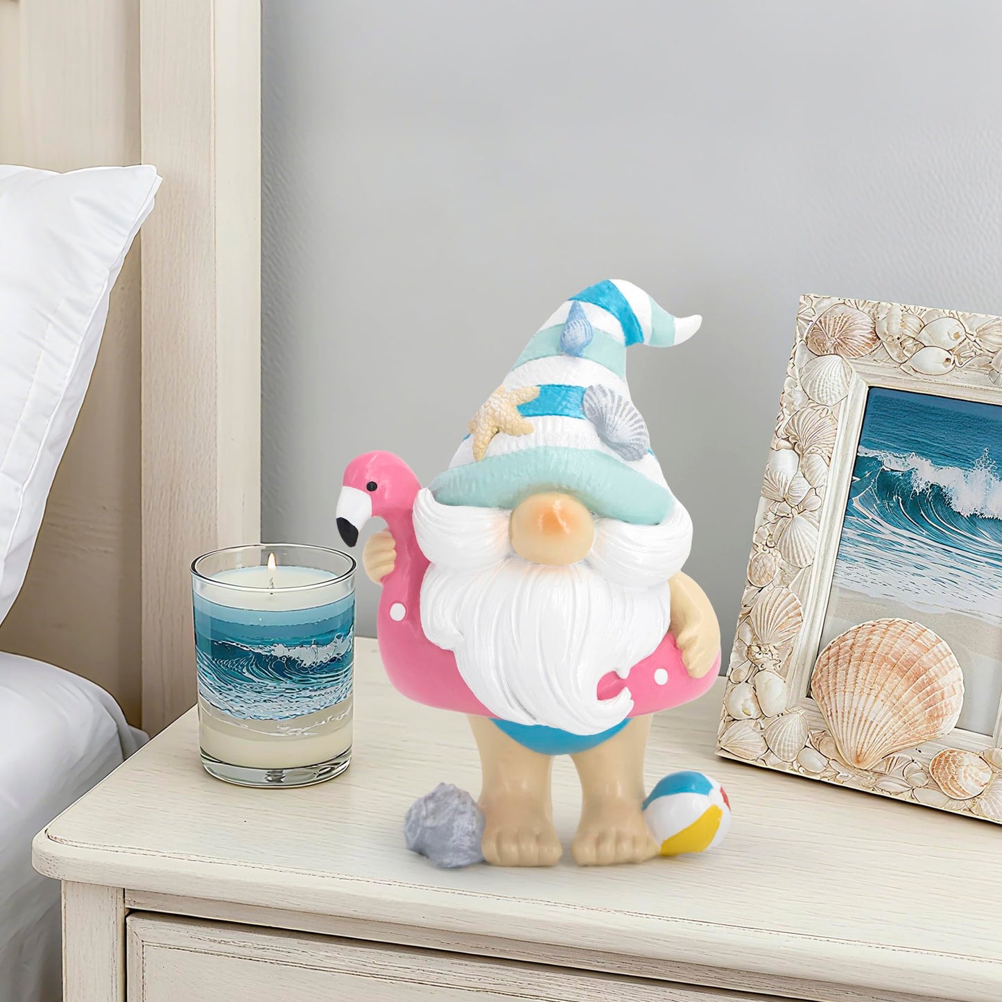 Hodao Coastal Ocean Gnome Decorations – Hand-Painted Resin Beach Gnome Figurine with Flamingo Float, Seashell Hat & Beach Ball, Summer Sea Decor Gift for Indoor Home, Bedroom & Tabletop Ornaments