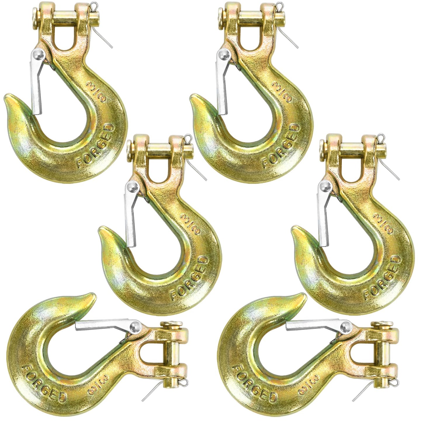 Lawei 6 Pack 3/8 Inch Clevis Slip Hook with Safety Latch, G70 Forged Steel Chain Hooks, Heavy Duty Solid Tow Hook for Truck Trailer Winch Transport, 18,000lbs Capacity, Yellow Zinc Coated Hooks