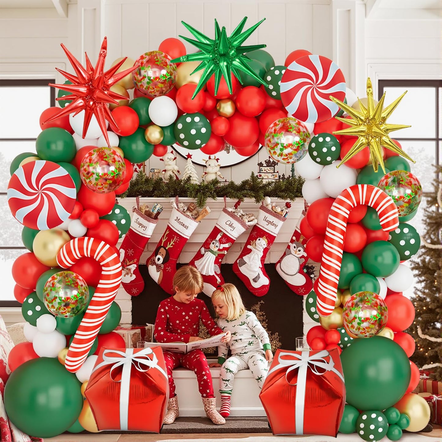 Christmas Balloons Garland Arch Kit, Red Green White Gold with Candy Cane Gift Box Explosion Star Foil Balloons for Christmas New Year Candies Xmas Theme Party Decorations...