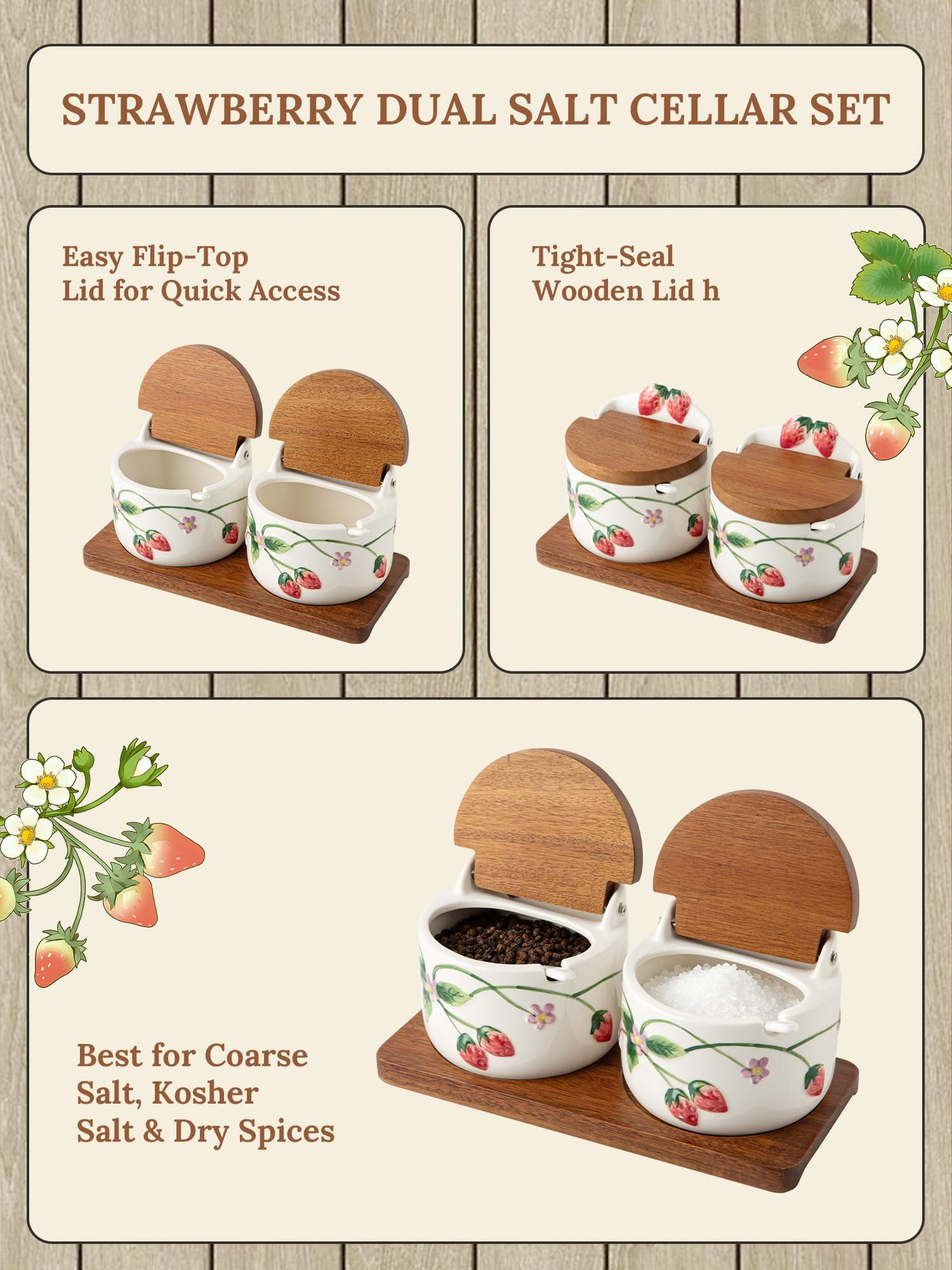 Ceramoira Ceramic Salt and Pepper Cellar Set with Spoons, Lids, and Tray | Handmade Strawberry Condiment Holders for Spices, Sugar, Seasonings, and More | Holds 12oz. Each