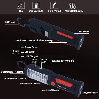 Wolfteeth Rechargeable Work Light, Inspection Lamp, Magnetic Torches Led Super Bright, Emergency Backup Lights Mechanic Tools Camping Flashlight, Gifts for Men Husband