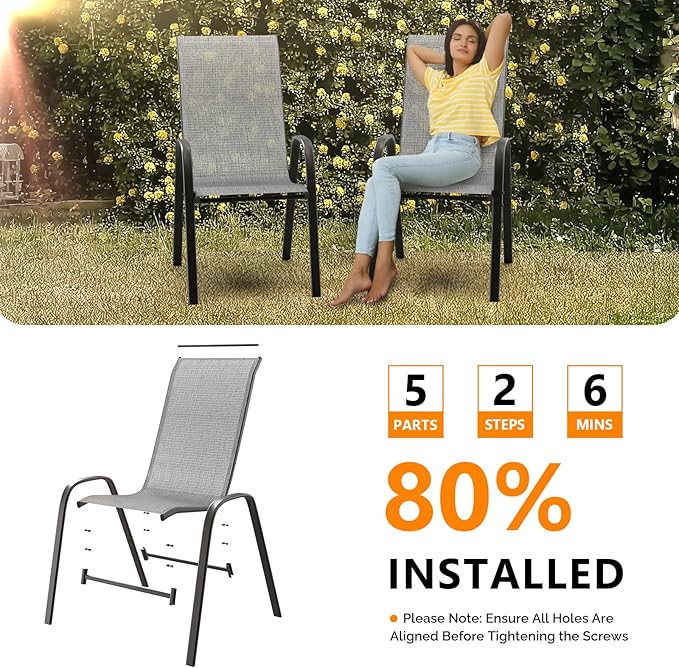 VINGLI Patio Chairs Set of 6 – Stackable Outdoor Dining Chairs with Comfortable Sling High Back Chairs and Armrests for Lawn, Poolside, Courtyard, Balcony, Garden, Silver Gray