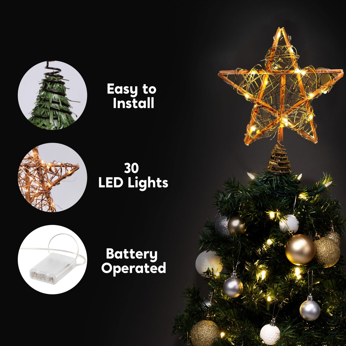 Joiedomi 8 Inch Christmas Tree Toppers, 30 LED Rustic Rattan Star Lighted for Xmas Decorations, Holiday Party Indoor Decor