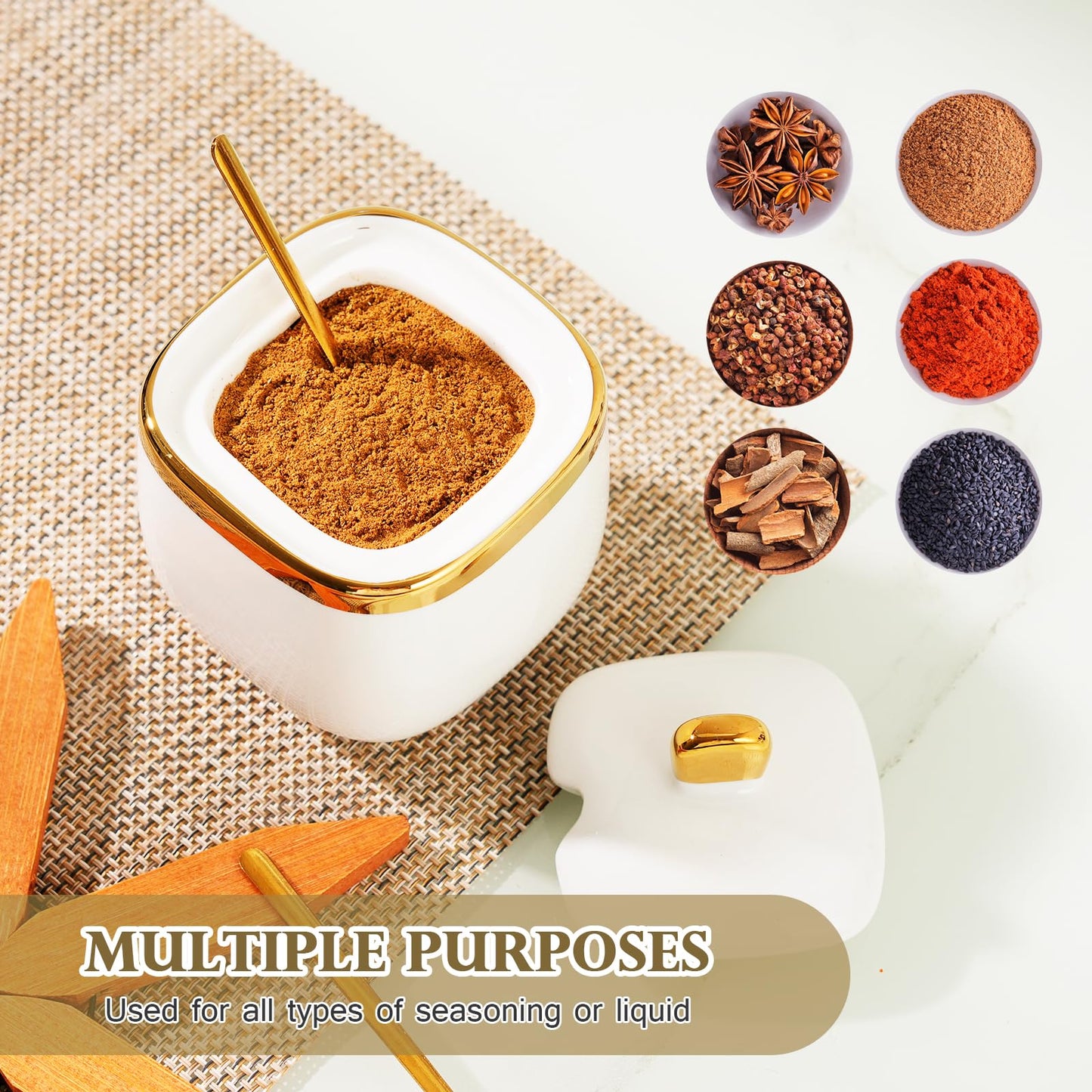 EABOSON 3 Pack Gold Condiment Spice Jars with Lids, Spoons, Tray - Ceramic Seasoning Box Set for Salt, Pepper, Sugar - Kitchen Storage
