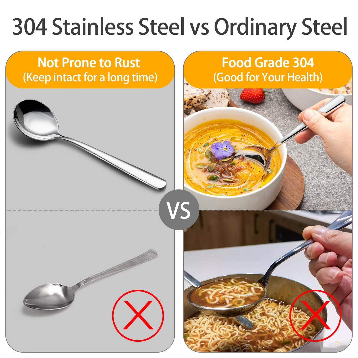 18/8 Soup Spoons, 304 Stainless Steel Spoons Set 8-Piece Heavy Duty Flatware Utensils for Soup Cereal Stew Friuts Dishwasher Safe Eco-Friendly Spoons