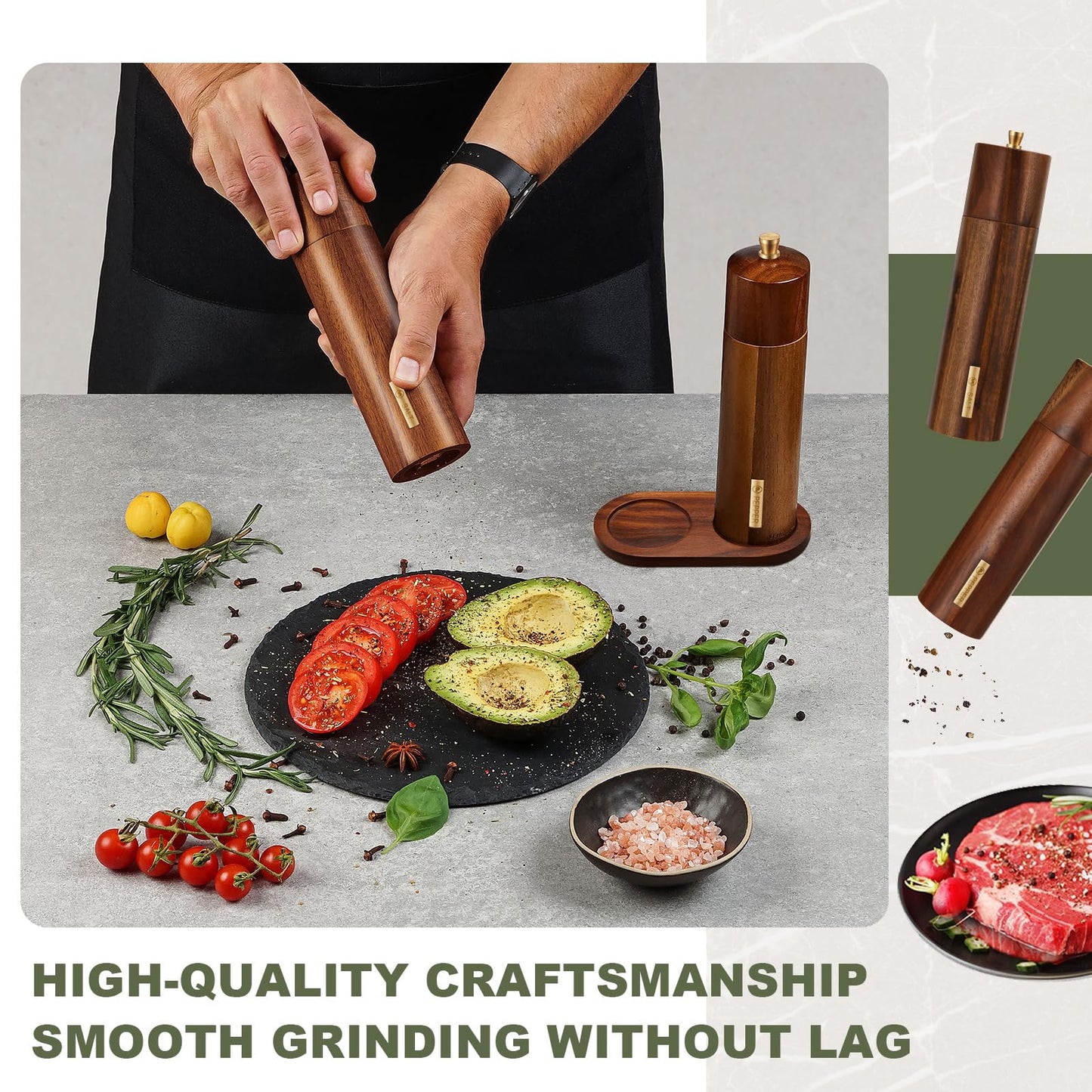 LOYIM Wooden Salt and Pepper Grinder Set 8 Inch Manual Salt and Pepper Mill with Tray Adjustable Coarseness Refillable Wood Grinders with Gold Bottle Label for Kitchen Christmas Home Gift(Wood Color)