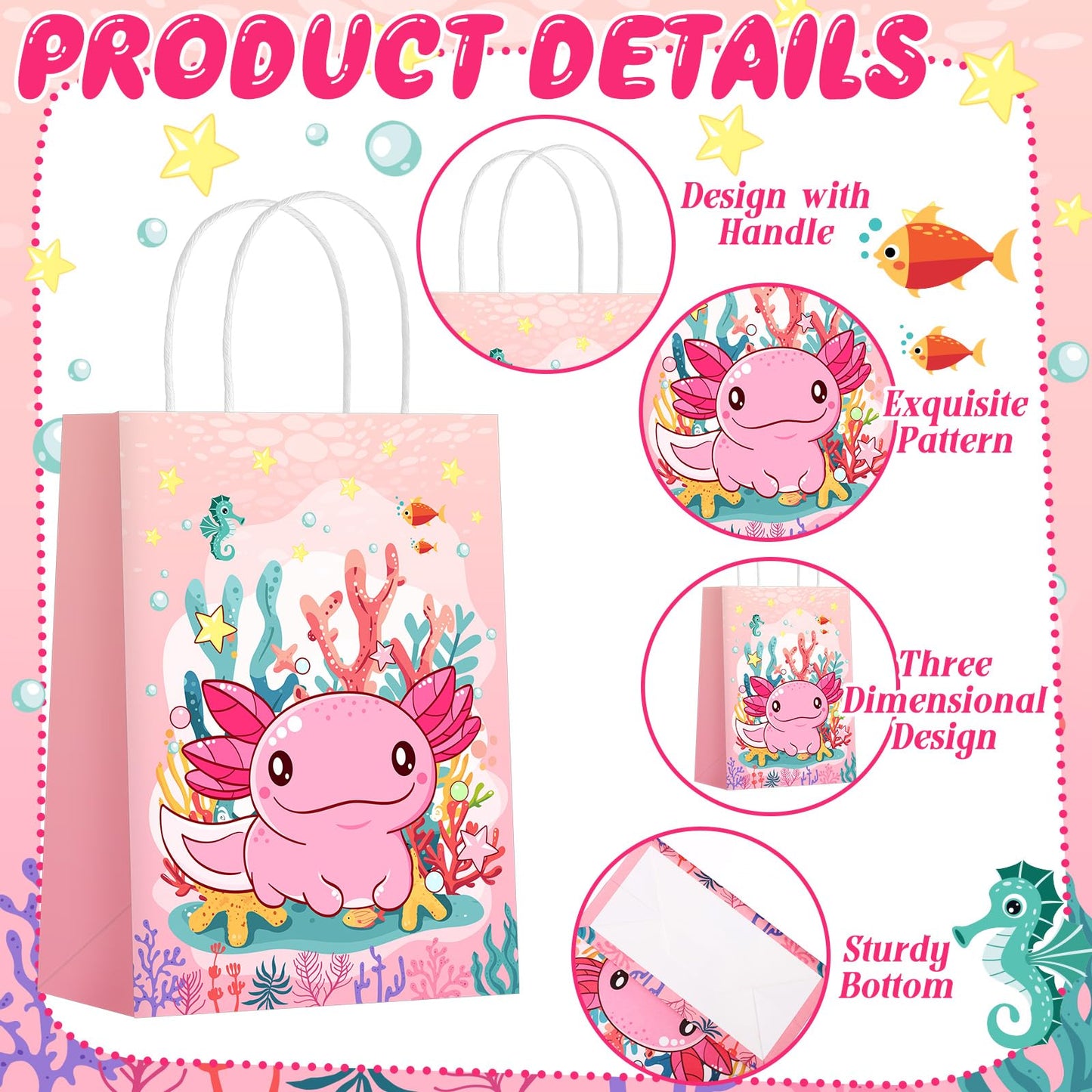 Kolldenn 24 Pcs Axolotl Party Favors Bags Amphibian Themed Gift Paper Goodie Bags Cute Animals Candy Treat Pouch‌ with Handles for Axolotl Themed Birthday Party Decorations Supplies
