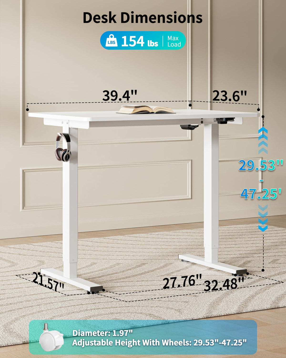 BIZUM 39.4" Small Electric Standing Desk Height Adjustable, Whole Piece Stand Up Computer Desk Work Study Writing Gaming Desks for Home Office White