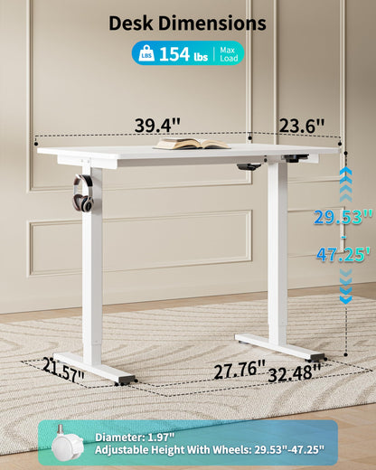 BIZUM 39.4" Small Electric Standing Desk Height Adjustable, Whole Piece Stand Up Computer Desk Work Study Writing Gaming Desks for Home Office White
