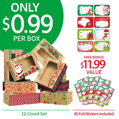 Party Funny 12 Christmas Cookie Boxes -Large Holiday Bakery Food Container for Gift Giving with 80 Count Christmas Foil Gift Stickers