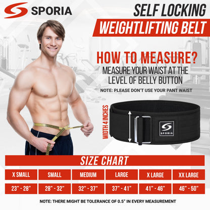 SPORIA Self-Locking Weight Lifting Belt for Men & Women | Lifting Straps Included | Adjustable Weightlifting belt Gym Belt | 4 inch Back Support Powerlifting Belt | Workout Belt | Olympic Weight Belt