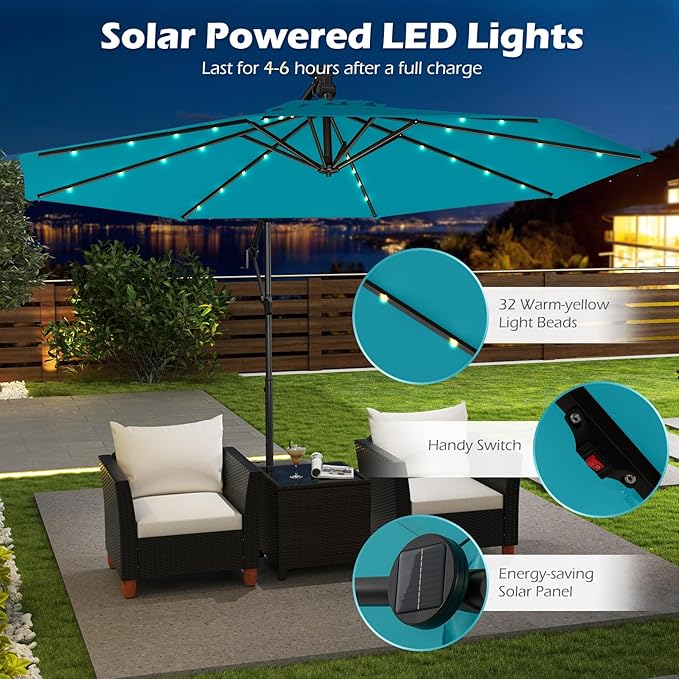 Tangkula 10ft Solar LED Patio Umbrella with Base, Offset Cantilever Outdoor Umbrella with 32 LED Lights, Infinite Tilt, 360 Degree Rotation, Crank Handle for Pool Deck Garden Backyard (Turquoise)