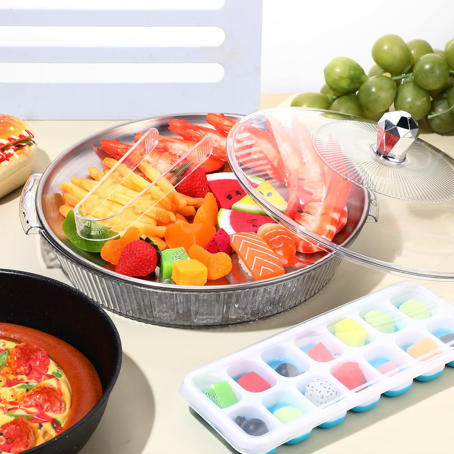 Baderke 1 Set 10" Chilled Serving Tray for Parties with Compartments and Lid Ice Chilled Platter Charcuterie Serving Board for Fruit Seafood Vegetable Appetizer Shrimp Cocktail (Silver)