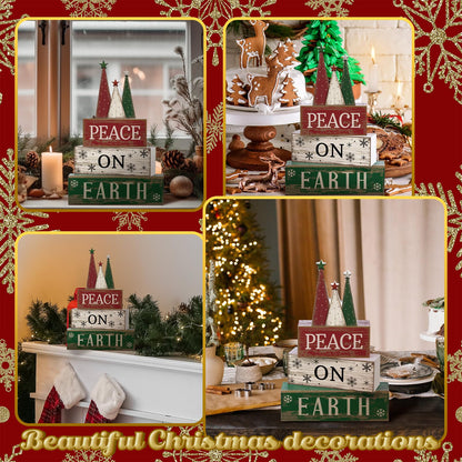 Lineshading 4 Pcs Christmas Table Decoration Wooden Christmas Tree Sign Winter Tiered Tray Decor Decorative Red Green and White Tree Block Signs Xmas Table Centerpiece Farmhouse Decor for Home Kitchen