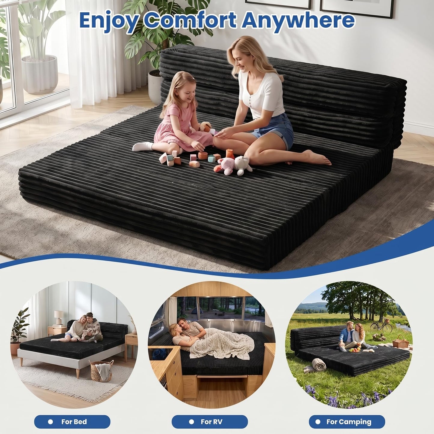 Tri-Fold Futon Sofa Bed, 6 Inch Foldable Floor Couch, High-Density Foam Convertible Sleeper Sofa with Removable Washable Corduroy Cover, Portable Floor Mattress for Living Room Bedroom Dorm RV Camping