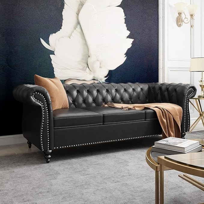Mid-Century 3 Seater Sofa, Faux Leather Couch