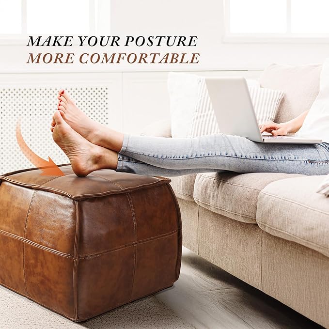 Leather Ottoman, Handmade Stuffed Square Ottoman, Genuine Leather Pouf