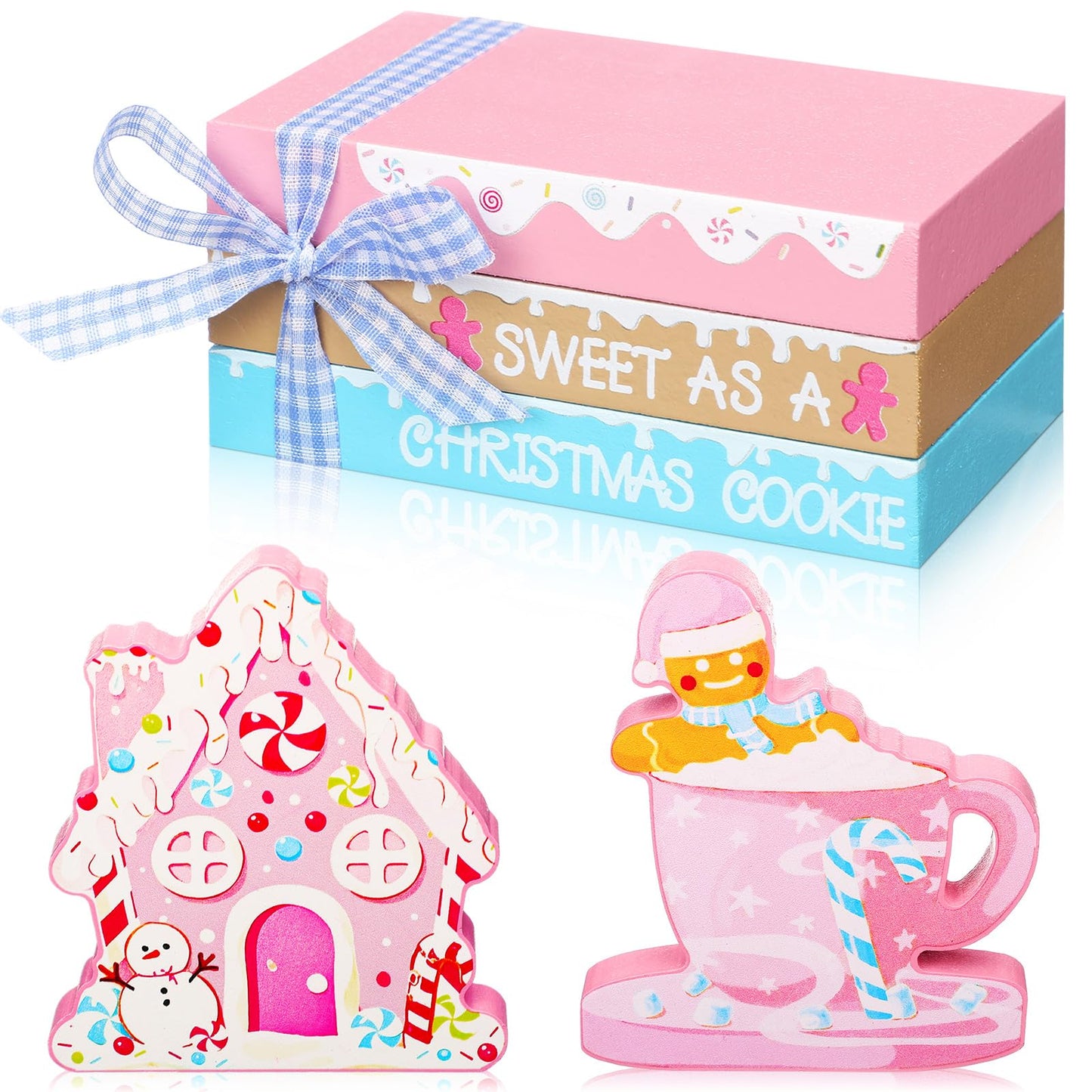 Yalikop 5 Pcs Pink Christmas Table Decor Pastel Gingerbread Man House Sign Gingerbread Tiered Tray Decor Christmas Wood Tabletop Centerpieces for Winter Xmas Home Office Mantel Shelf Fireplace