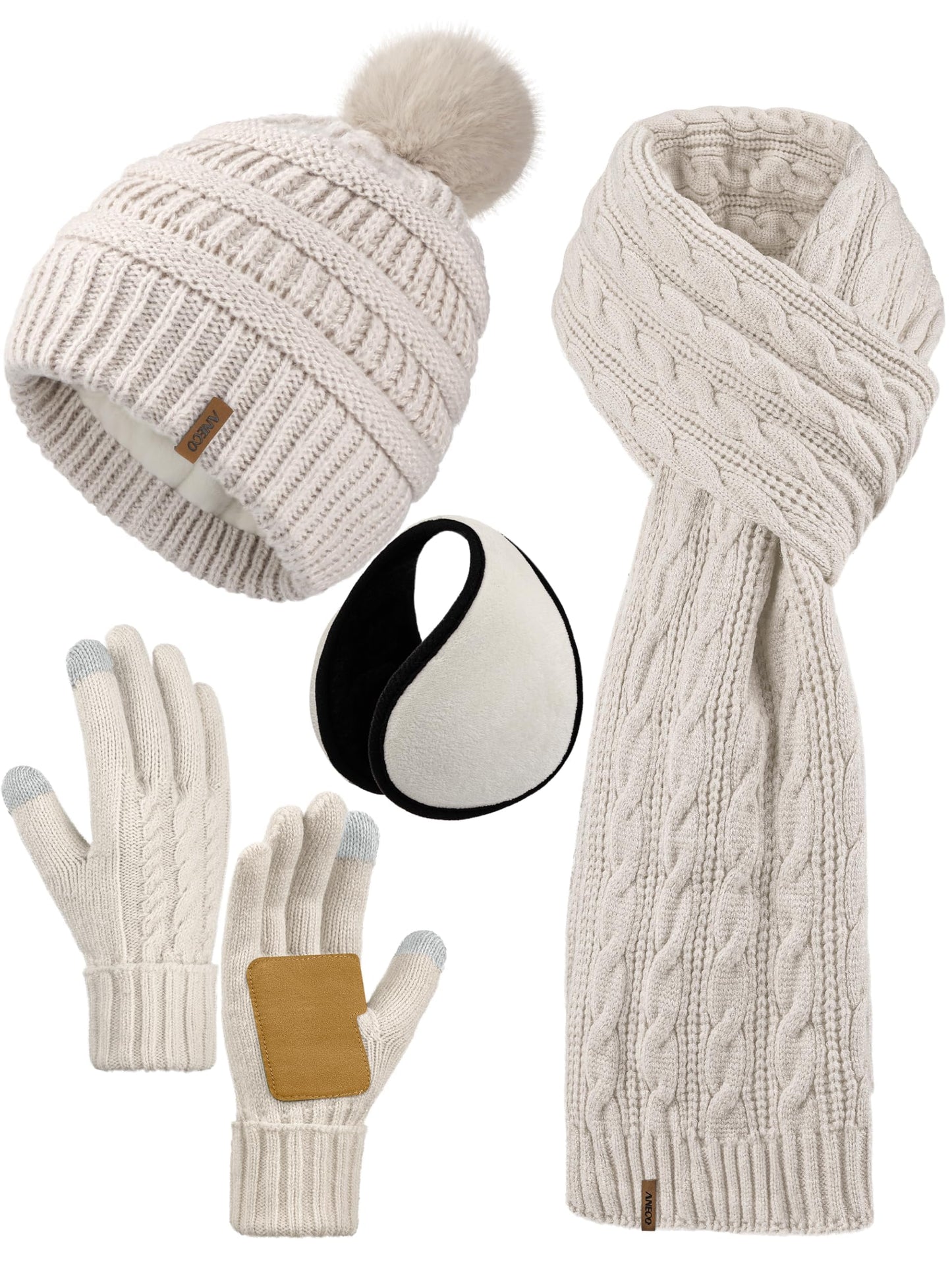Aneco 4-in-1 Women Winter Beanie Hat Scarf Touchscreen Gloves Ear Warmer Set Fleece Lined Warm Knit Skull Cap with Pom Pom Oatmeal