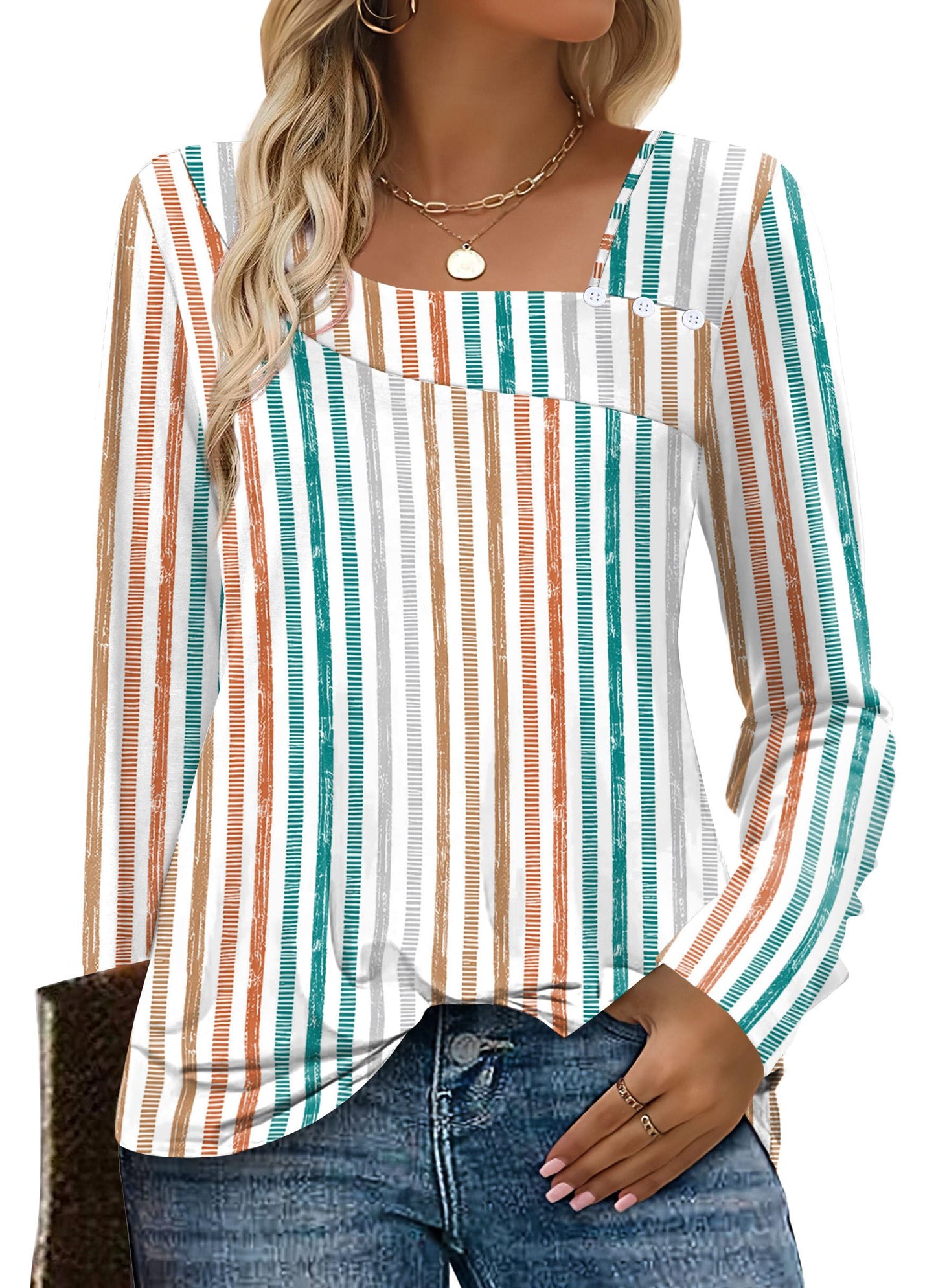 OFEEFAN Long Sleeve Shirts for Women Fall Clothes Asymmetric Square Neck Tunic Tops Decorative Buttons