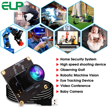 ELP High Speed Wide Angle Global Shutter USB Camera Module for Computer 1080P Mini UVC USB2.0 Webcam Board with 110degree No Distortion Lens AR0234 High Frame 90fps Web PC Camera Board for Laptop