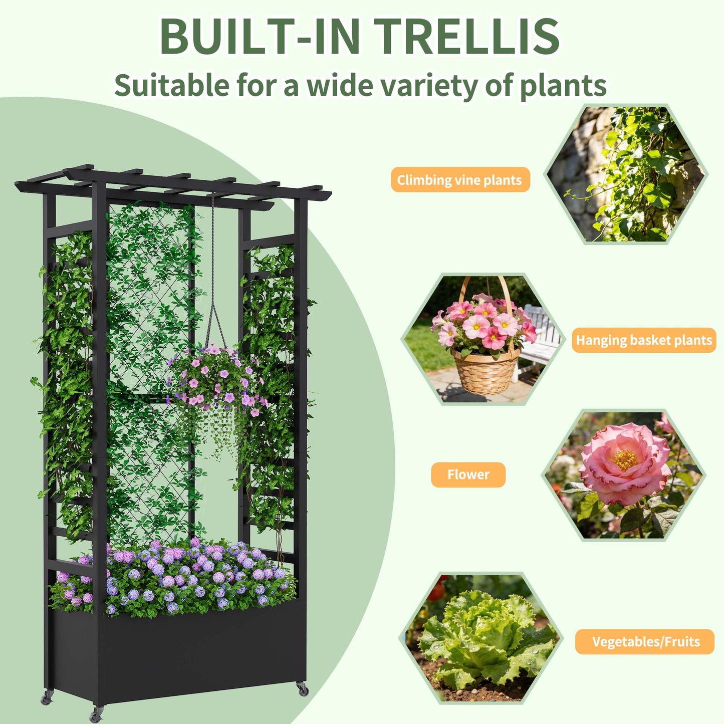 Sunnibety Raised Garden Bed with Trellis & Hanging Roof, Weatherproof Metal Planter Box with Wheels, Garden Arch Trellis for Outdoor Climbing Plants Vines Flowers, 74" H x 44" L x 17" W, Black