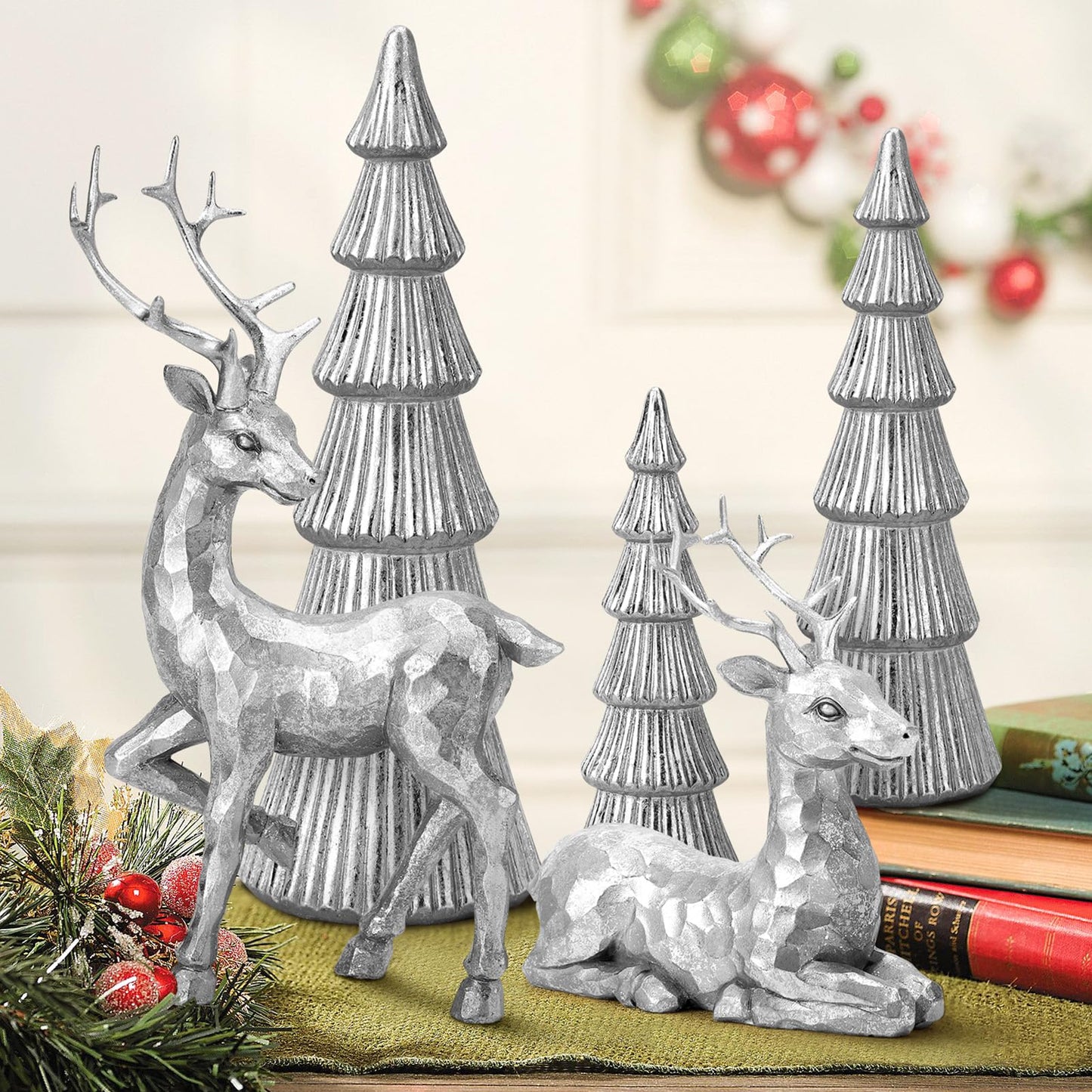 Hommtina Reindeer Christmas Decoration and Mini Christmas Trees,Christmas Reindeer Statues Lucky Reindeer Decor for Indoor Home Decor Tabletop Mantle Cabinet Desktop Office (Bright Silver)