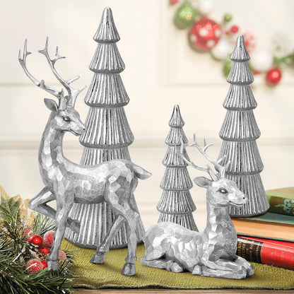 Hommtina Reindeer Christmas Decoration and Mini Christmas Trees,Christmas Reindeer Statues Lucky Reindeer Decor for Indoor Home Decor Tabletop Mantle Cabinet Desktop Office (Bright Silver)