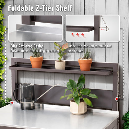 Feasto Outdoor Potting Bench Table with Storage Cabinet, Stainless Steel Garden Workstation, Raised-Edge Top, Adjustable Shelf & Removable Hutch for Patio, Balcony & Outdoor Workspace, Brown