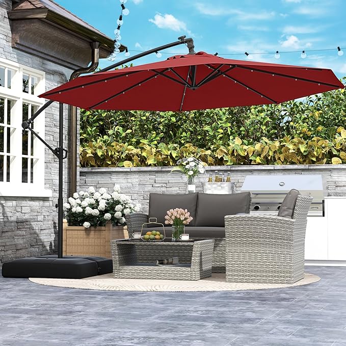 Tangkula 10ft Solar LED Patio Umbrella with Base, Offset Cantilever Outdoor Umbrella with 32 LED Lights, Infinite Tilt, 360 Degree Rotation, Crank Handle for Pool Deck Garden Backyard (Wine)