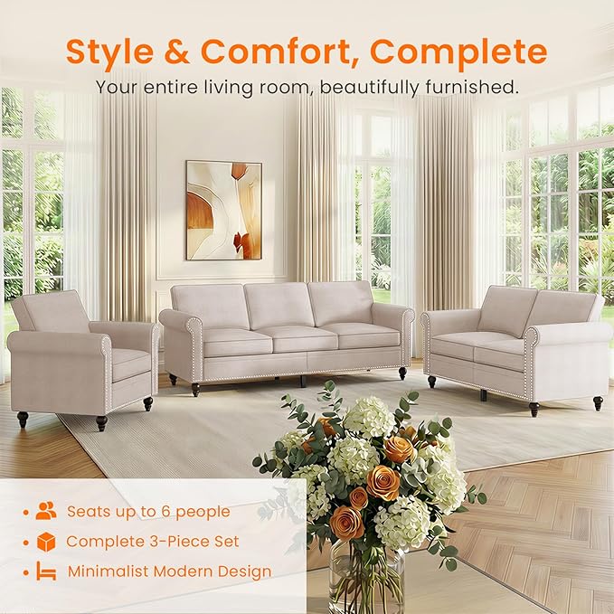 Living Room Sofa Sets 3 Piece, Modern 3 Seater Sofa and Loveseat Couch and