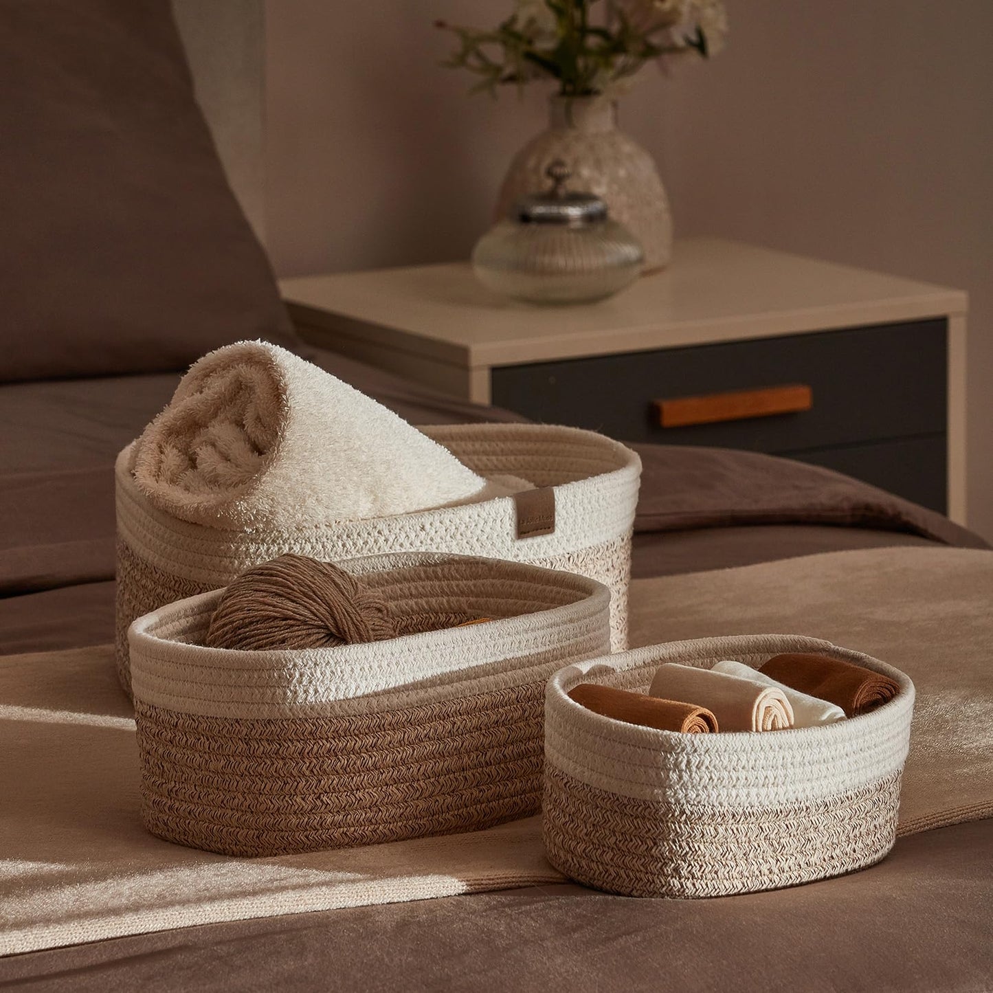 LA JOLIE MUSE Storage Baskets, Cotton Rope Woven Bathroom Storage Basket Set of 3, Small Basket Box Organizer Bins With Handles