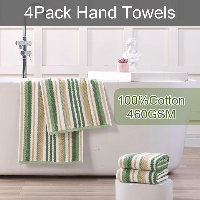Green Hand Towels Set of 4, Striped Hand Towels