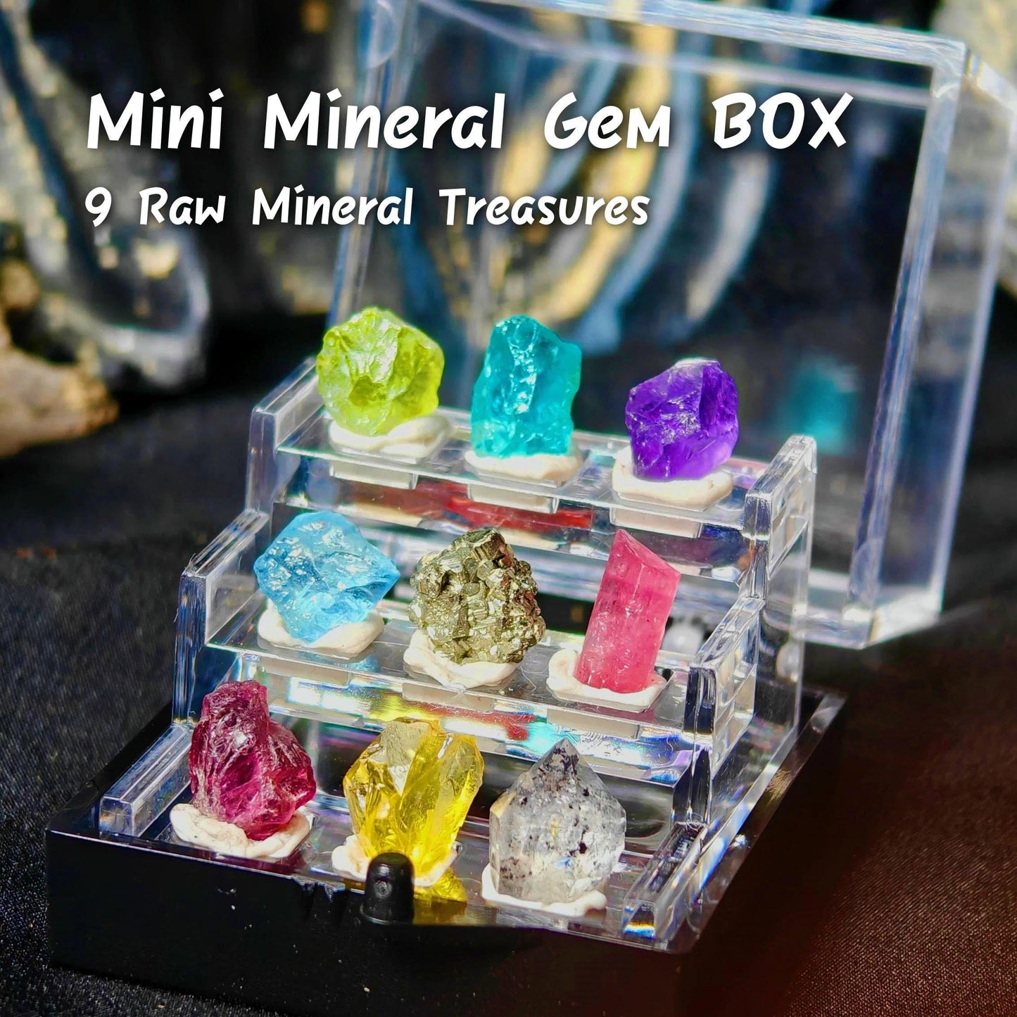 9 Rare Natural Gemstone Collection Gift Box-Peridot, Apatite & 7 Exquisite Minerals-Square Acrylic Tiered Display Case - Ideal Birthday & Christmas Gifts for Mineral Enthusiasts,Geography Enthusiast