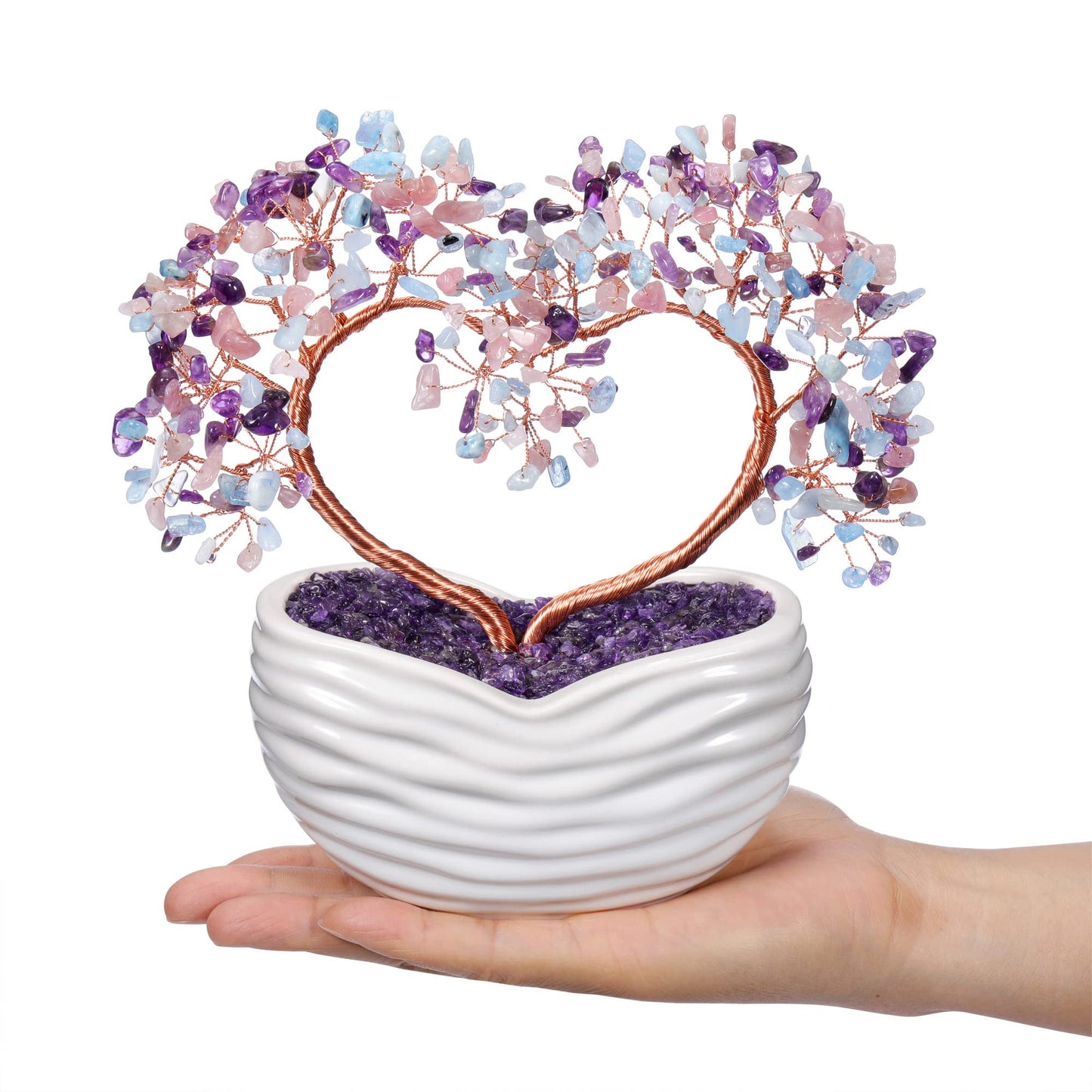 GEHECRST Healing Crystal Heart Tree Handmade Amethyst Rose Quartz Aquamarine Crystal Gemstone Money Tree Feng Shui Ornament for Home Office Desk Decor Gifts for Mom Women Christmas