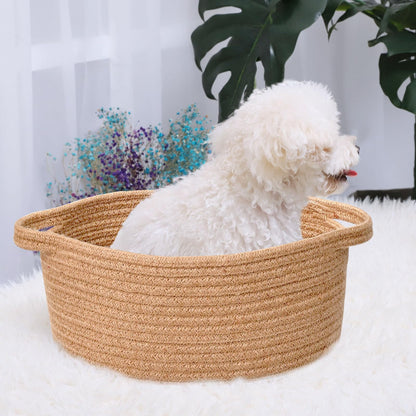 ABenkle Small Basket with Handles, Boho Decorative Rope Woven Dog Cat Toy Storage Bin Shelf Storage Organizer, Easter Christmas Gift Basket, 12"x8"x5"