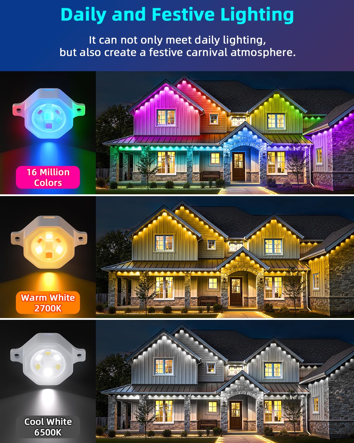 REYLAX Permanent Outdoor Lights Pro, 150ft with 108 Triple-LED 135lm, RGB+IC Smart Eaves Christmas Lights for House, IP67 Waterproof, Multi Scenes for Outdoor Decor, Works with Alexa, Google, Remote