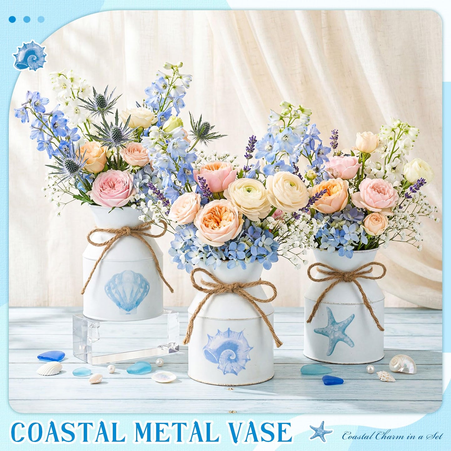 Domensi 3 Pcs 5.12" Beach Coastal Vase Table Decor Metal Seashell Starfish Conch Flower Bucket Farmhouse Ocean Centerpieces for Table Rustic Nautical Milk Can Jug with Twine Bow for Wedding Home Decor