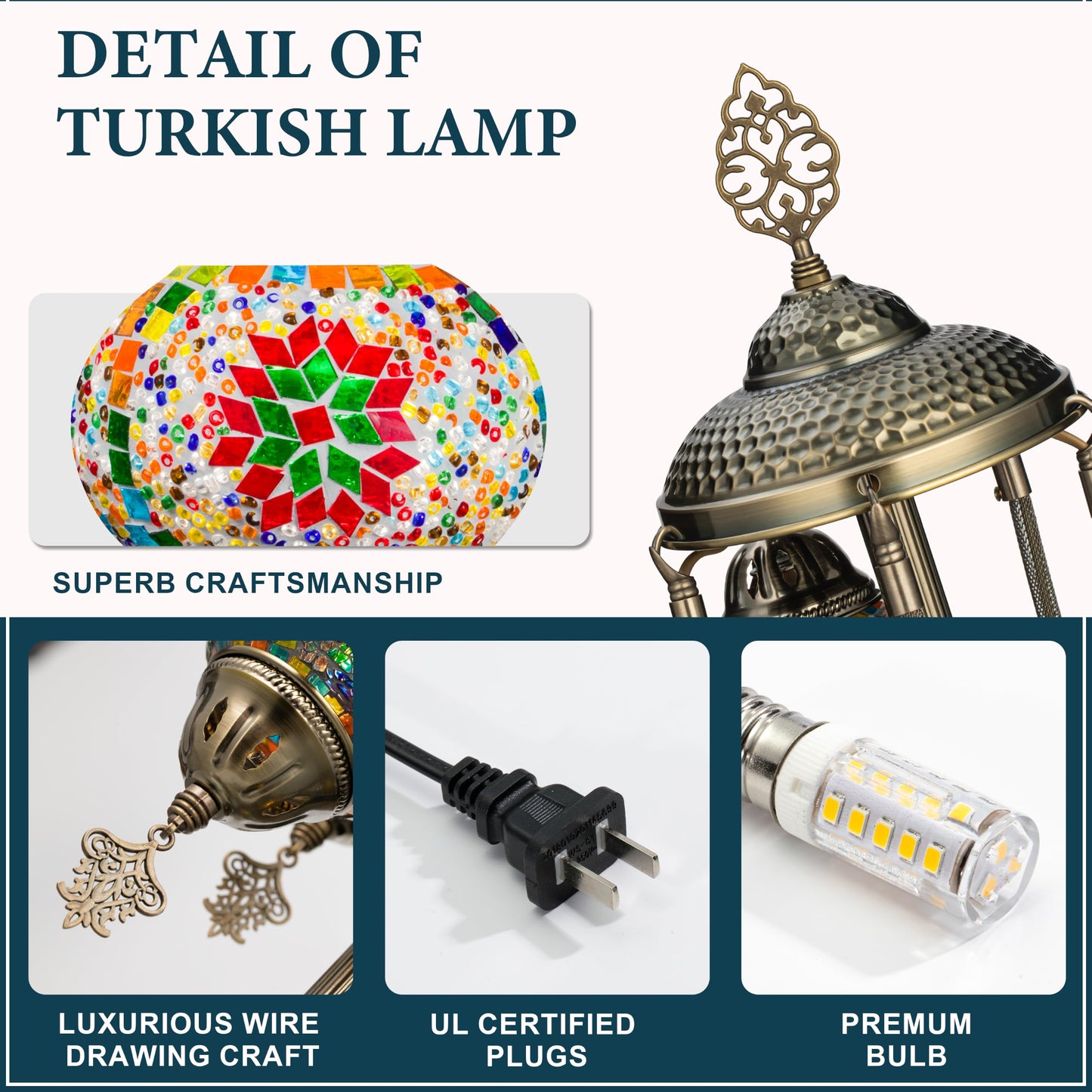 Marrakech Turkish Mosaic Lamp 5 Globes Moroccan Table Lamps with Bronze Base, 31" Tall Handmade Colorful Tiffany Stained Glass Lamp Including LED Bulb for Living Room Bedroom (Mixed Color)